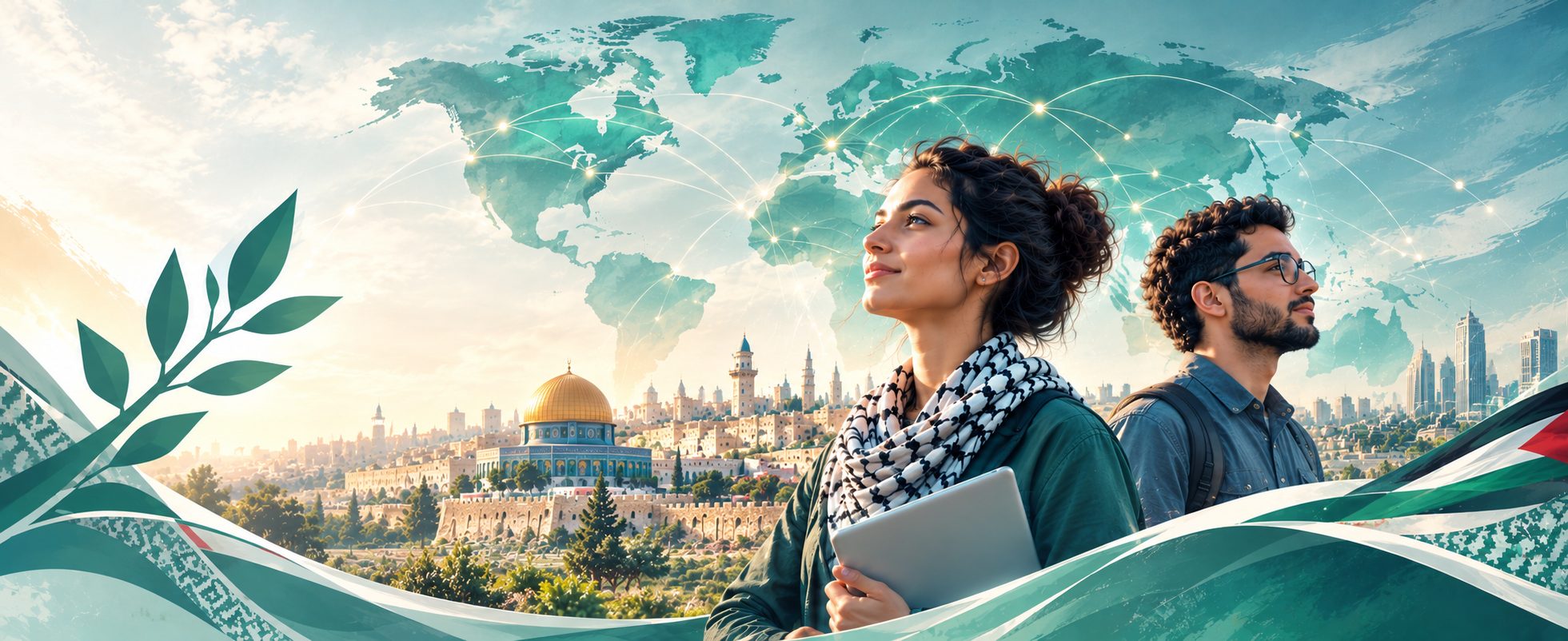Palestinian technologists with Jerusalem skyline and a global network map